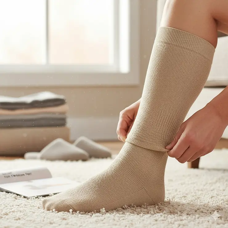 A pair of compression socks being put on to treat swelling in feet and promote better circulation.