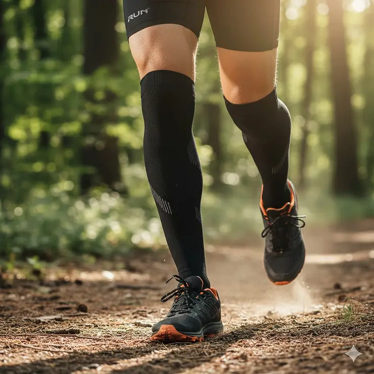 Compression socks worn by a runner to help alleviate shin splint pain and provide support.