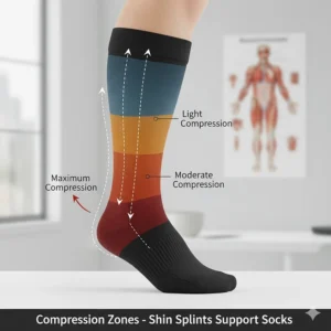 Diagram illustrating the graduated compression zones in shin splints support socks, showing maximum pressure at the ankle and decreasing toward the knee.