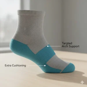 A graphic cross-section showing the extra cushioned heel and forefoot padding in high-quality arch support socks.