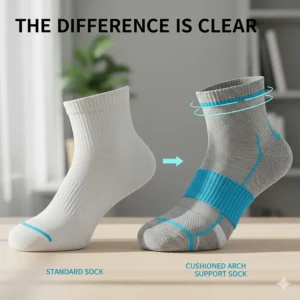 Side-by-side comparison showing the difference between standard socks and cushioned arch support socks for women.