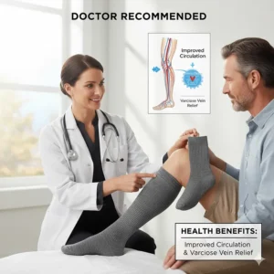 Medical illustration or image suggesting a healthcare professional recommending cotton compression socks for improved circulation and relief from varicose veins.