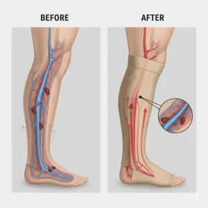 An instructional graphic showing the blood flow improvement in the deep veins of the leg when wearing proper compression, emphasizing DVT prevention.