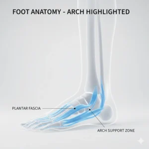 Simplified medical diagram highlighting the major tendons and plantar fascia in the foot's arch, showing where the support is focused.
