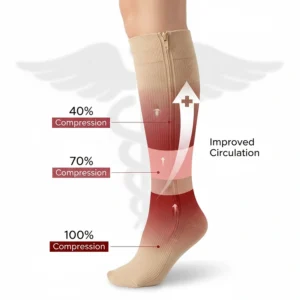 Diagram illustrating the graduated pressure profile, showing highest compression at the ankle and decreasing up the calf.
