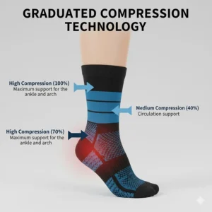 Infographic demonstrating the pressure points and graduated compression levels of the sock from the ankle up.