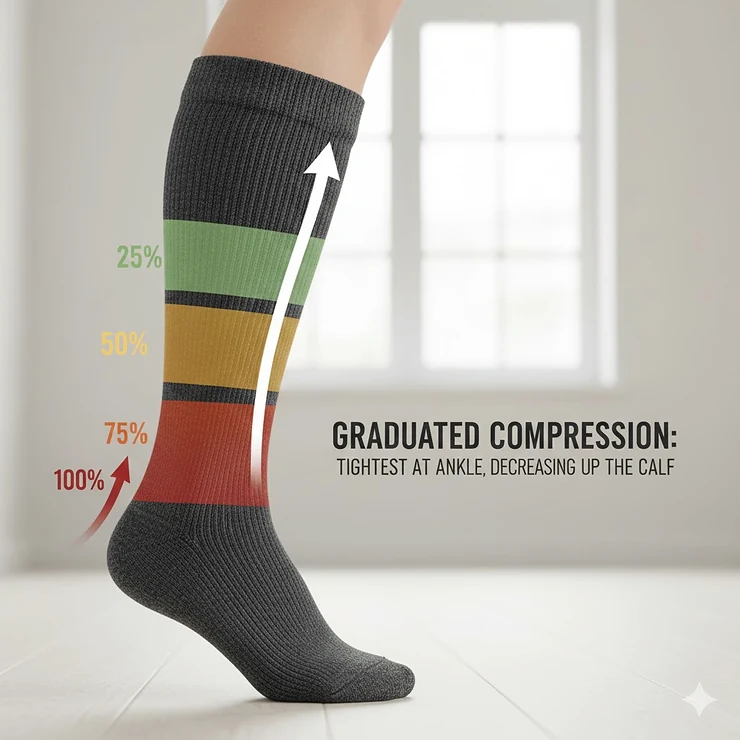 Diagram showing the graduated compression pressure level, tightest at the ankle, easing up the calf in these cotton compression socks.