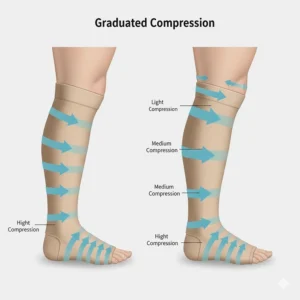 A side-view diagram of a leg wearing the sock, with arrows illustrating the graduated compression—tightest at the ankle and looser further up the calf.