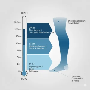 Visual scale explaining the pressure levels (mmHg) of graduated compression in socks for treating shin splints.
