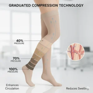 Diagram illustrating the graduated compression pressure, tightest at the ankle and decreasing up the leg, in thigh-high compression socks for women.