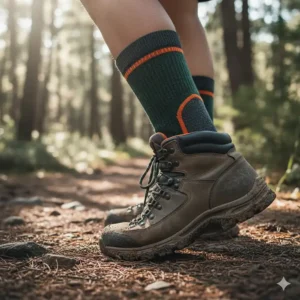 Durable, wool-blend hiking arch support socks extending up a person's calf, seen above a sturdy hiking boot.
