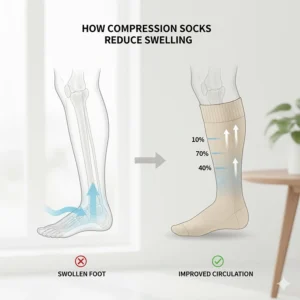 Diagram illustrating how graduated pressure from compression socks helps reduce fluid buildup and swelling in feet.