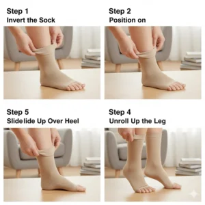 A step-by-step visual guide (illustration or photo series) on the proper technique for rolling and smoothly putting on open toe compression socks.