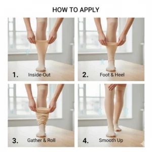 Demonstration of a woman properly rolling up and fitting thigh-high compression socks to ensure correct pressure application.