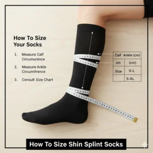 Infographic demonstrating the correct method for measuring your calf and ankle circumference to choose the right size of shin splints support socks.