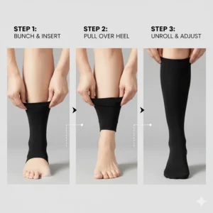 A step-by-step guide illustrating the correct way to wear compression socks for maximum effectiveness on the lower leg.