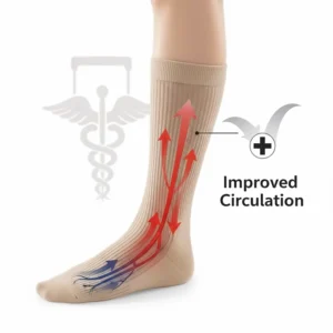 Visual representation of improved blood circulation in the leg while wearing the compression socks, minimizing swelling.
