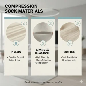 Comparison of different materials like nylon, spandex, and cotton used in the making of compression socks.