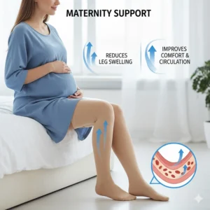 Pregnant woman wearing medical compression socks for women thigh high to reduce leg swelling and discomfort during pregnancy.
