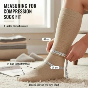 A person correctly measuring their calf circumference to ensure a proper, therapeutic fit for compression socks for swelling in feet.