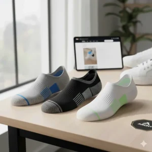 Three pairs of different colored no-show arch support socks laid out neatly on a table for review.