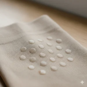 Detail shot of the non-slip silicone dotted band at the top of the thigh high compression sock.