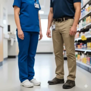 Two people (such as a nurse and a retail worker) standing comfortably in a work environment while wearing arch support compression socks.