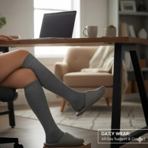 A person sitting at a desk and wearing cotton compression socks for comfortable leg support during long hours of standing or sitting.