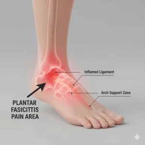 Diagram showing the inflamed area of the plantar fascia ligament on the sole of the foot, which is the source of heel pain.