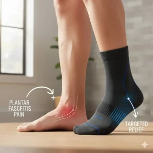 Targeted compression in arch support socks offering effective relief from plantar fasciitis pain for men.
