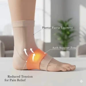 An illustration highlighting how support socks specifically lift and stabilize the arch to soothe pain associated with plantar fasciitis.