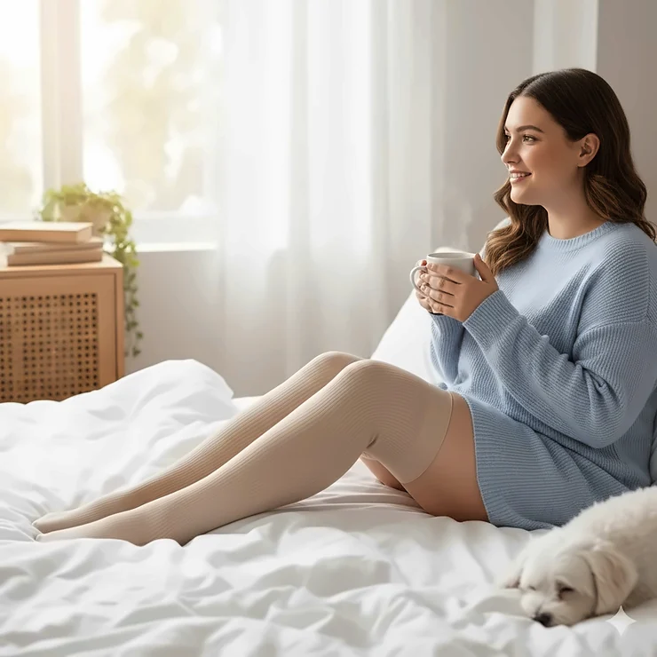 Plus size thigh high compression socks in a neutral color being worn comfortably by a model on a bed.