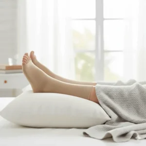 Photo of a patient comfortably resting with their feet elevated, wearing open toe compression socks as part of a post-operative recovery plan.