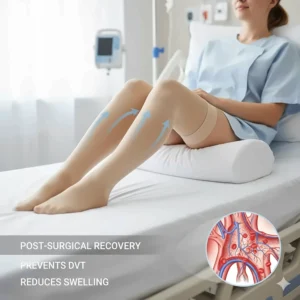 A pair of thigh-high compression stockings recommended for women to prevent blood clots and swelling post-surgery.