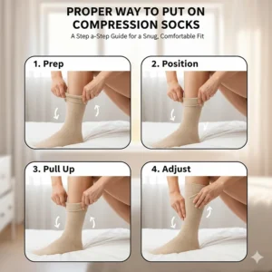 Step-by-step guide on the proper technique for rolling and pulling up tight compression socks comfortably.