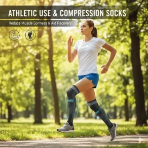 A runner wearing graduated compression socks to reduce muscle soreness and manage post-exercise foot swelling.
