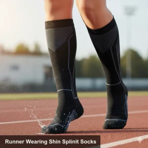A runner mid-stride wearing the high-performance shin splint support socks, demonstrating how they provide stability and pain relief during physical activity.
