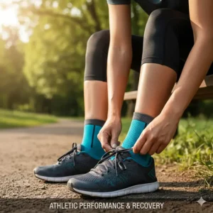 Female runner tying her shoe, highlighting her ankle-length arch support socks designed for athletic performance.