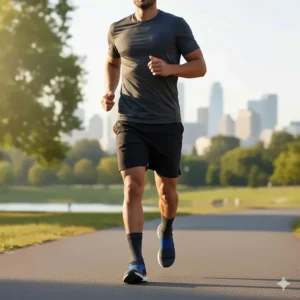 Athletic man running in arch support socks designed to enhance performance and reduce foot fatigue during exercise.