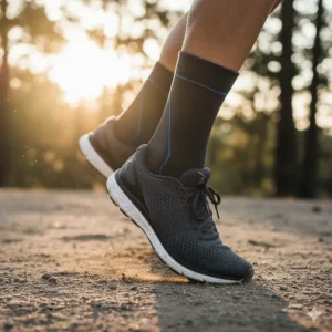 Close-up of a runner's foot wearing arch support compression socks inside a running shoe for better performance and reduced fatigue.