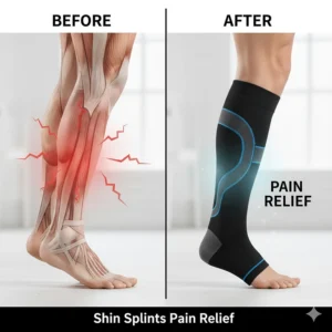 Side-by-side comparison illustrating the contrast in leg appearance and perceived comfort before and after wearing the specialized support socks for shin splints.