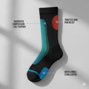 Close-up showing the targeted compression zones in a shin splint sock design.