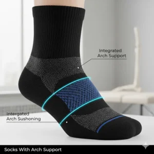 Close-up of the sock's footbed, specifically detailing the integrated arch support feature which complements calf compression.