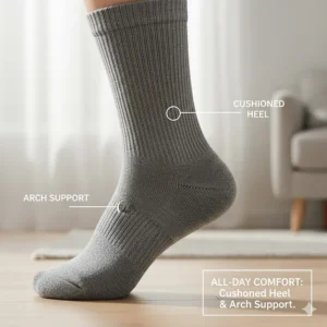 Image detailing the cushioned heel and seamless toe design features of the best cotton compression socks for all-day comfort.