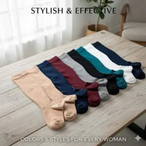 Assortment of stylish and effective medical compression socks for women thigh high in various colors and open-toe or closed-toe styles.