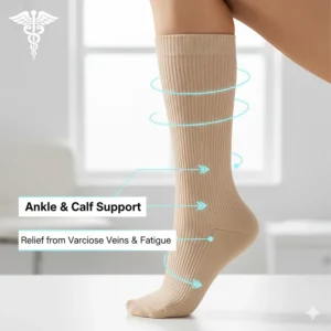 Illustration focusing on the support provided to the ankle and calf, demonstrating relief from varicose veins and fatigue.