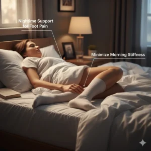 An image of a person wearing gentle compression support socks while sleeping to minimize morning foot pain.