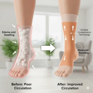 A graphic illustrating the effect of gradual compression socks on reducing edema and swelling in the feet and lower legs.