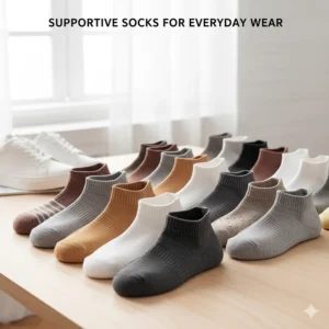 Assortment of colorful supportive socks for women suitable for daily wear and casual shoes.