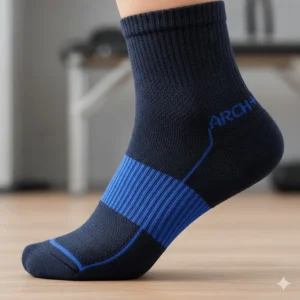 A close-up of a foot wearing a sock with a clear, tighter band showing the targeted arch compression and stability features.